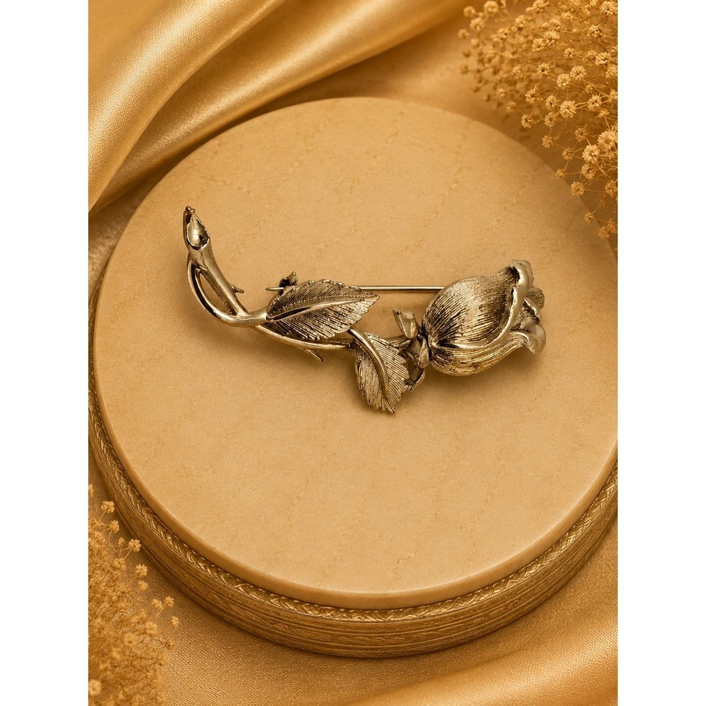 Lisner‎ Vintage Champagne Gold Tone Rosebud Flower Brooch Pin Textured Botanical
